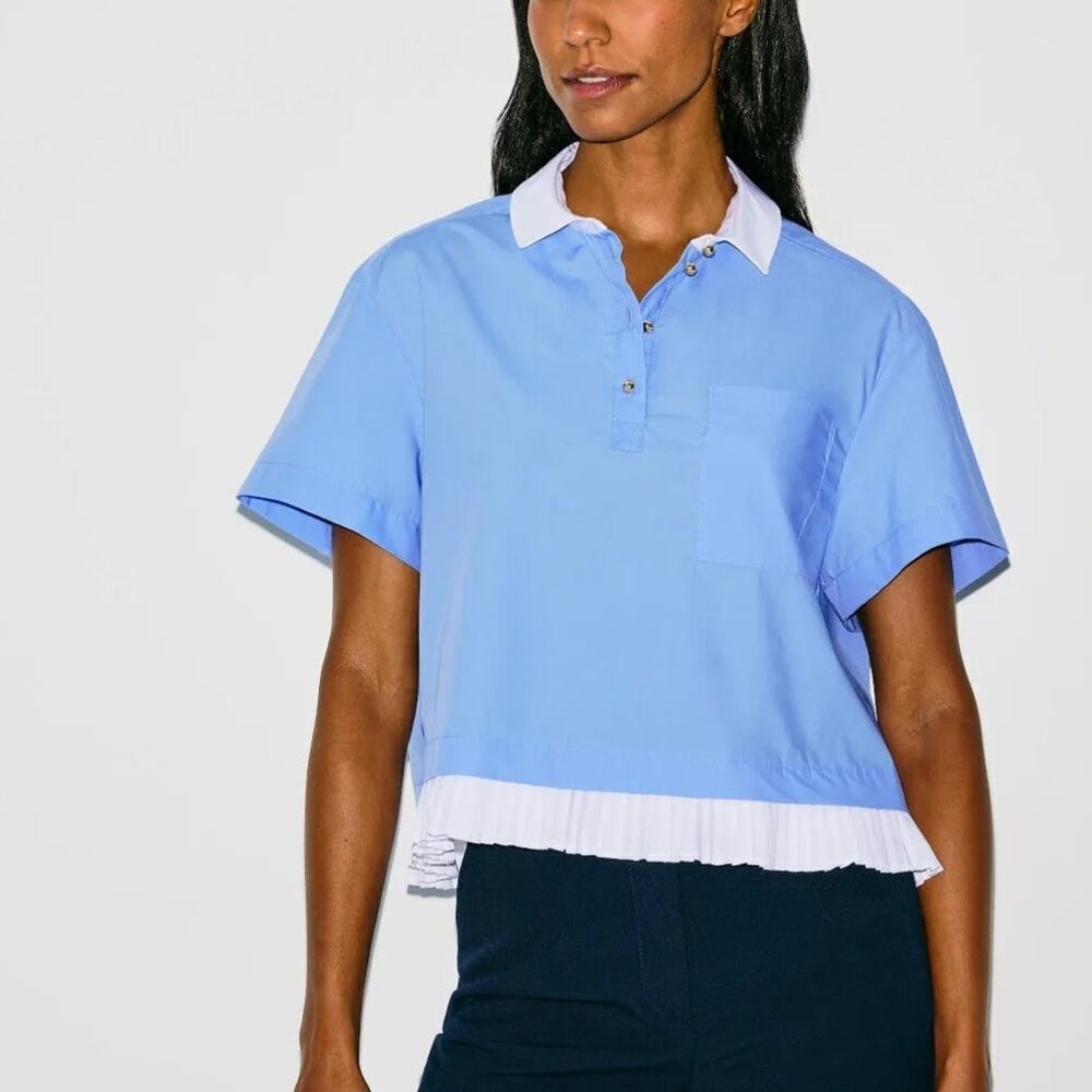 Claudie Pierlot Top Peter Pan Collar Short Sleeve Boxy Myositis Blue White 36